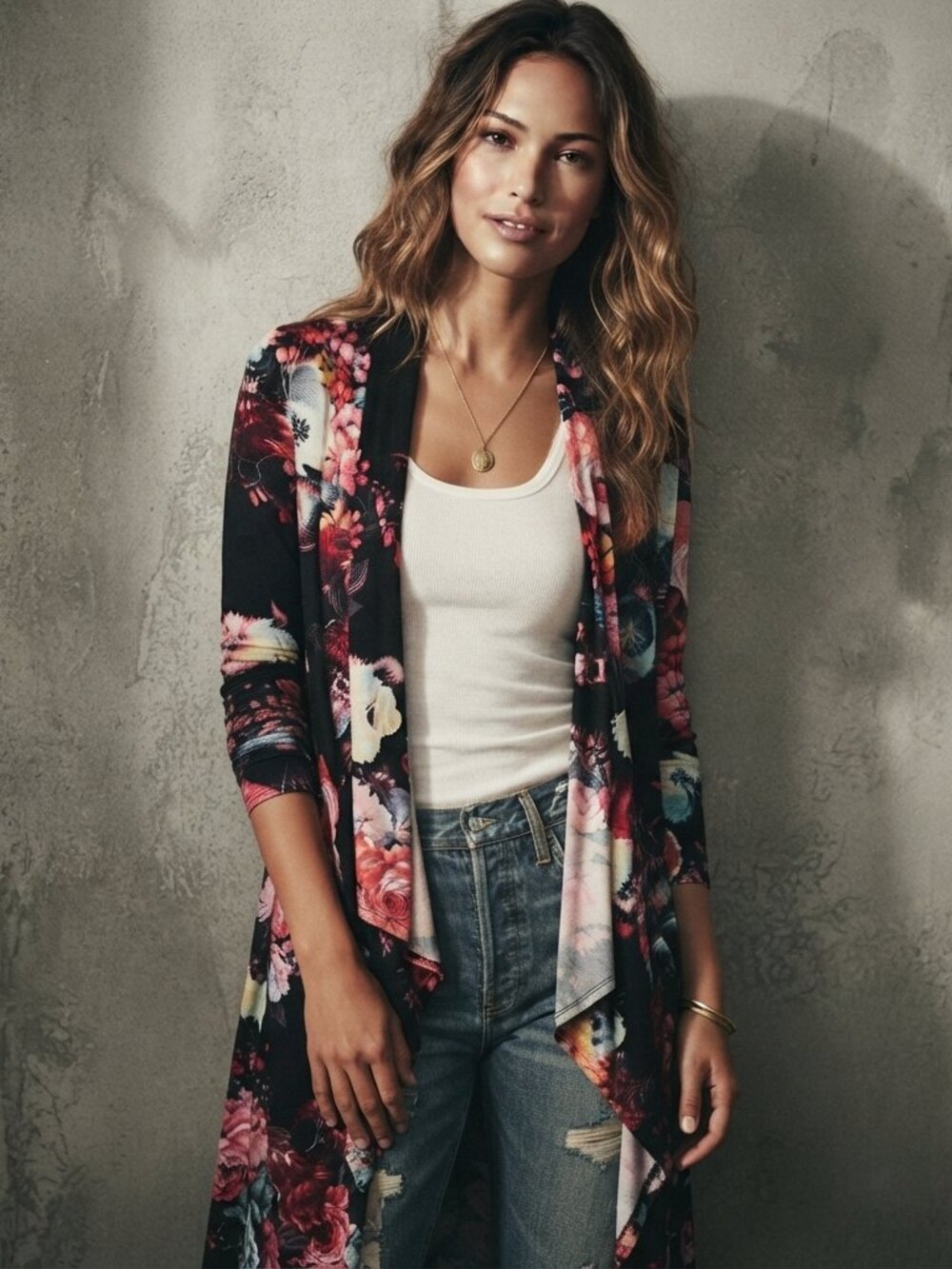 VAMP Women’s Medium Floral Duster Cardigan Black Pink Longline Open Front